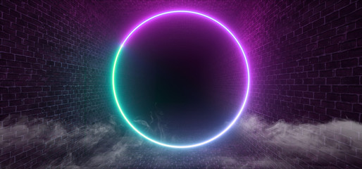 Smoke Neon Retro Club Neon Fluorescent Purple Blue Brick Walls Stage Fashion Dance Modern Sci Fi Futuristic Circle Shape Beam Laser Vibrant Dark Night 3D Rendering