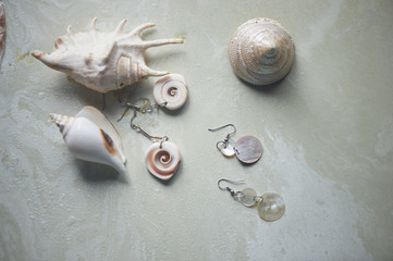 Sea collection on grey marble background.Seashell and mother-of-pearl earrings. Summer jewelry.