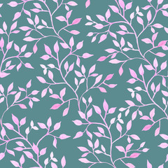 Pink branch, watercolor painting - hand drawn seamless pattern with foliage on blue