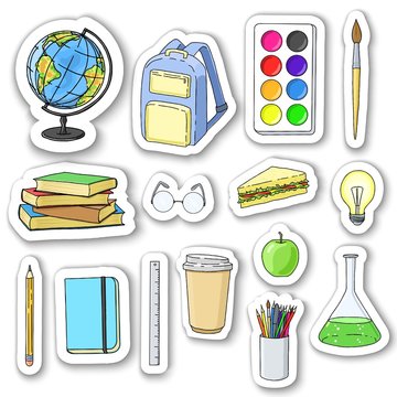 Back to school stickers with 3D shadow isolated on white background, colorful sketch doodles. Education illustration.