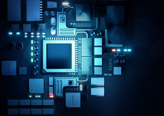 Top down view of a artificial intelligence CPU and microprocessors board. 3D render illustration background.