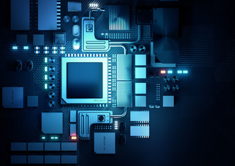 Top down view of a artificial intelligence CPU and microprocessors board. 3D render illustration...