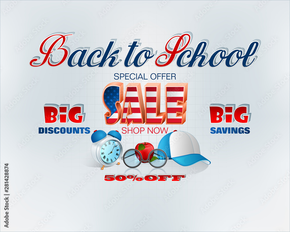 Poster back to school design, background with handwriting and three dimensional texts, cap, alarm clock and