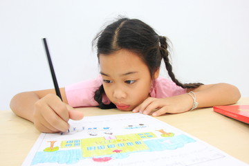 Girl doing homework, color pencil on paper.