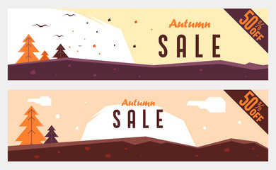 Autumn sale coupon 50% off background illustration. Autumn sale banner template with flat illustration
