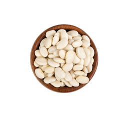 Top view of wooden bowl full of white beans