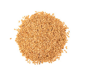 Golden flax seeds on a white background. Organic food.