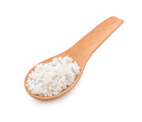 Fototapeta na wymiar Salt in wooden spoon on white background