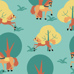 Horses and trees, in a seamless pattern design