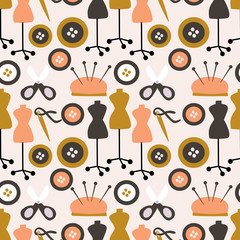 Tailor elements in a folk art composition, seamless pattern