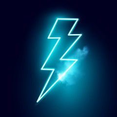 A blue neon electric lightning bolt vector sign.