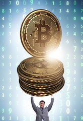 Businessman holding bitcoin in cryptocurrency blockchain concept