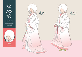 薄ピンクグラデーションの白無垢を着た女性のベクターイラストセット（綿帽子）