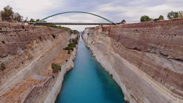 Corinth canal, ship passes a canal, drone shutting, Greece