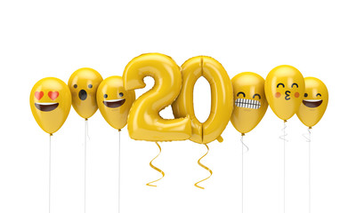 Number 20 yellow birthday emoji faces balloons. 3D Render