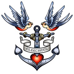 Old school style swallow illustration with anchor. Tattoo style illustration. Design elements for logo, label, emblem, sign. Vector illustration