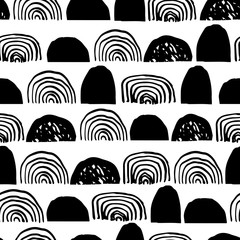 Obraz premium Abstract vector seamless black and white pattern in simple scandinavian style. Grunge background. Hand drawn elements. Texture design for surfaces, fabric, textile, paper wrapping.