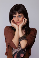 Woman Beauty Face Smile, Close Up Portrait Beautiful Female, Young Brunette Girl Over Gray Background