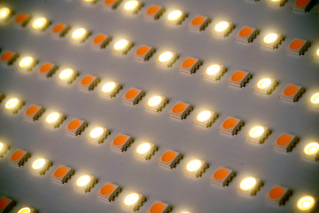 Led panel light, close up view, toned image, selective focus. Array of small diodes with different...