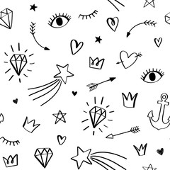 Doodle seamless pattern with fun icons. Hipster cartoon hand drawn vector star, crown, diamond, eye, arrow, anchor. 