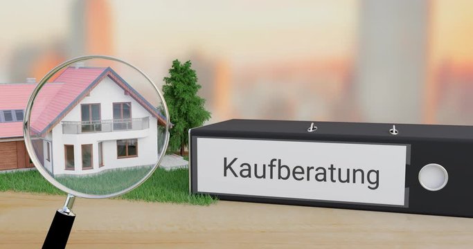 Beratung beim Kauf einer Immobilie. Akten-Ordner, Modell eines Hauses, Baum und Rasen bewegen sich in das Sichtfeld. Animierte Lupe erscheint. Aktenordner wird mit dem Wort Kaufberatung beschriftet.