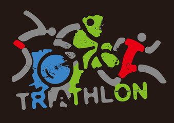 Triathlon racers and sign triathlon.  Three grunge expressive stylized triathlon athletes with inscription triathlon on black background . Vector available.