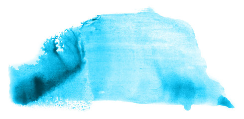 Abstract watercolor background hand-drawn on paper. Volumetric smoke elements. Cyan blue color. For design, web, card, text, decoration, surfaces.