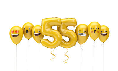 Number 55 yellow birthday emoji faces balloons. 3D Render - obrazy, fototapety, plakaty