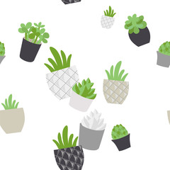 Cartoon plants on white seamless pattern