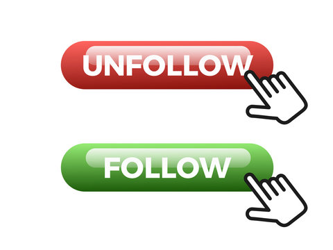 Computer hand is clicking on follow and unfollow button on social networking site. Get and lose follower. Vector illustration