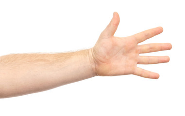 Male hand showing gesture holding something or someone isolate on white background. greeting, pulling hands