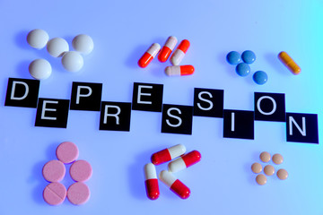 Word depression surrounded by medication