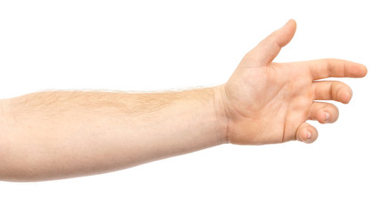 Male hand showing gesture holding something or someone isolate on white background. greeting, pulling hands