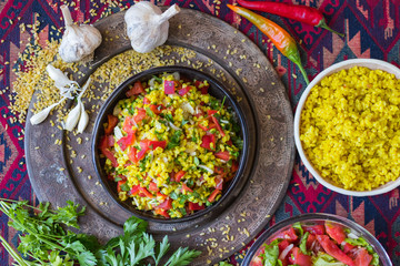 Tabbouleh - Arabic salad with bulgur and couscous, parsley, tomatoes, onion, lemon. 