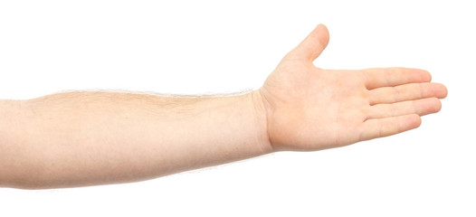 Male hand showing gesture holding something or someone isolate on white background. greeting, pulling hands
