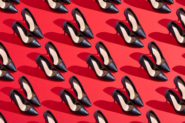 Collage set pattern black high heels shoes fashion on red background