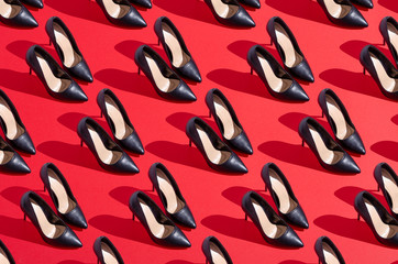 Collage set pattern black high heels shoes fashion on red background