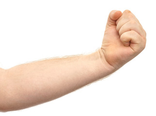 Male hand shows gesture fist isolate on white background