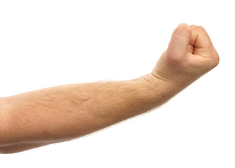 Male hand shows gesture fist isolate on white background