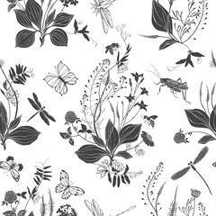 Seamless vector pattern with wildflowers and insects on a white background.
