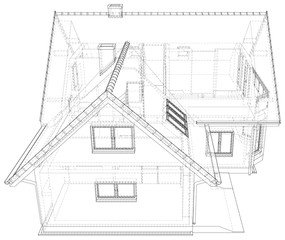 Vector sketch of the cottage with a roof. Illustration created of 3d