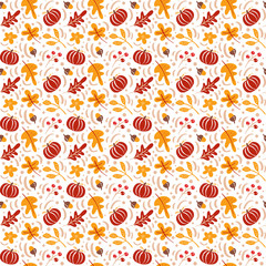 Seamless pattern with acorns, pumpkin and autumn oak leaves in Orange and Brown. Perfect for wallpaper, gift paper, pattern fills, web page background, autumn greeting cards