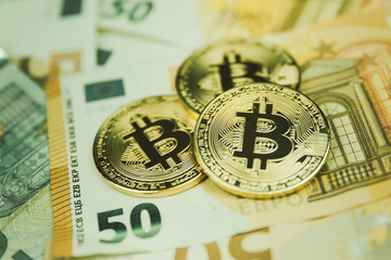 Golden bitcoin Euro background. Bitcoin cryptocurrency.