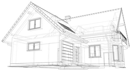 Wireframe blueprint drawing of 3D house - Vector illustration.