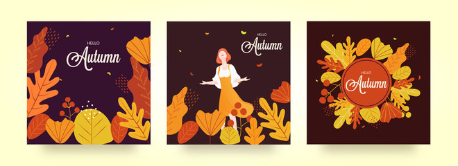 Fototapeta na wymiar Set of Hello Autumn Season template for poster design with colorful leaves pattern decorated brown background.