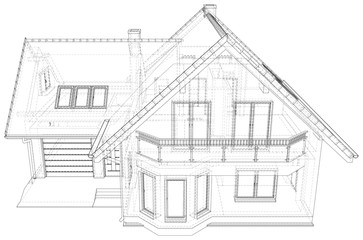Wireframe blueprint drawing of 3D house - Vector illustration.
