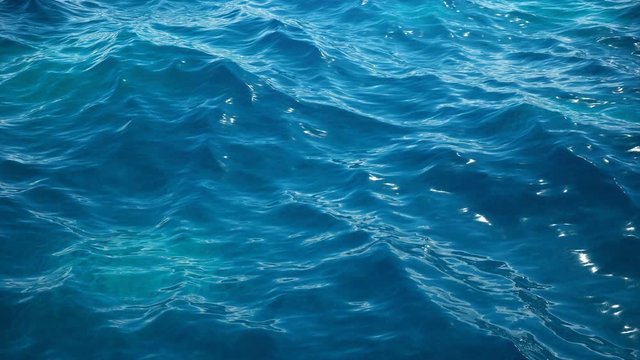 Sea or ocean, waves close-up view. Blue waves sea water. Blue crystal clear water. One can see the sandy seabed. Sea wave low angle view. 3D 4K animation
