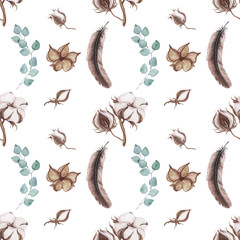 Watercolor cotton flowers seamless pattern on white background.