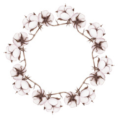 Watercolor wreath of cotton flowers. Hand painted floral round frame isolated on white background.