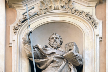 Statue of Saint John of Matha on facade of Santissima Trinita degli Spagnoli Church in Rome, Italy